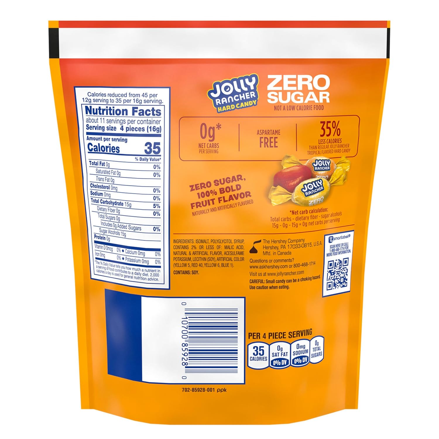 JOLLY RANCHER Zero Sugar Tropical Fruit Hard Candy Bag, 6.1 oz