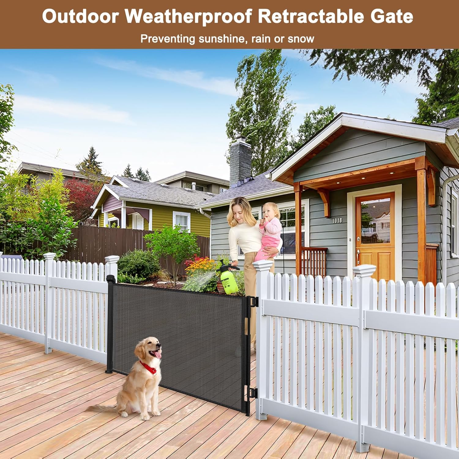 Weatherproof Outdoor Retractable Gate for Dogs, 55" Wide Outdoor Baby Gate