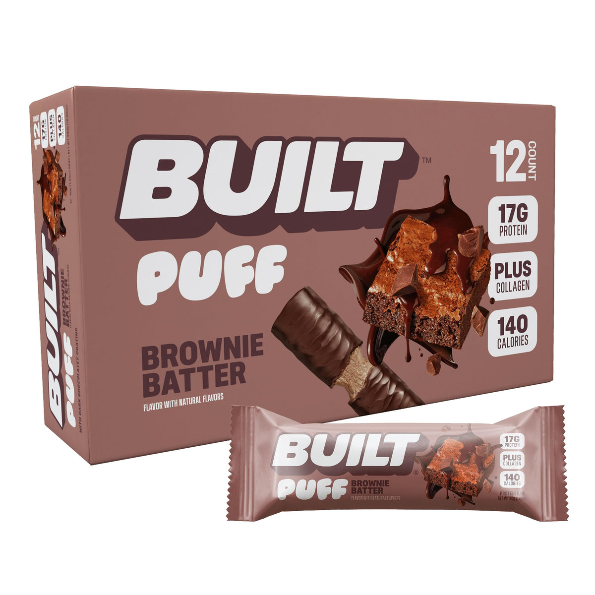 BUILT Puff Protein Bars, Brownie Batter Puff, High Protein Bars, 17g High Protein Snacks, On-The-Go Bars, only 140 Calories, 6g Sugar, Collagen, Gluten Free, 12 Count
