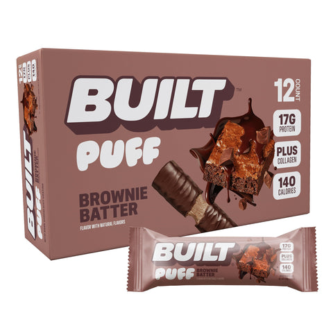 BUILT Puff Protein Bars, Brownie Batter Puff, High Protein Bars, 17g High Protein Snacks, On-The-Go Bars, only 140 Calories, 6g Sugar, Collagen, Gluten Free, 12 Count