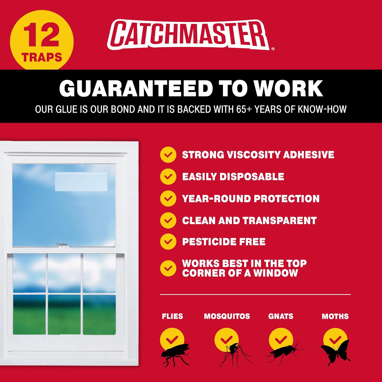 Catchmaster Window Fly Traps 12 Pack, Clear Sticky Indoor Fly Trap Strips
