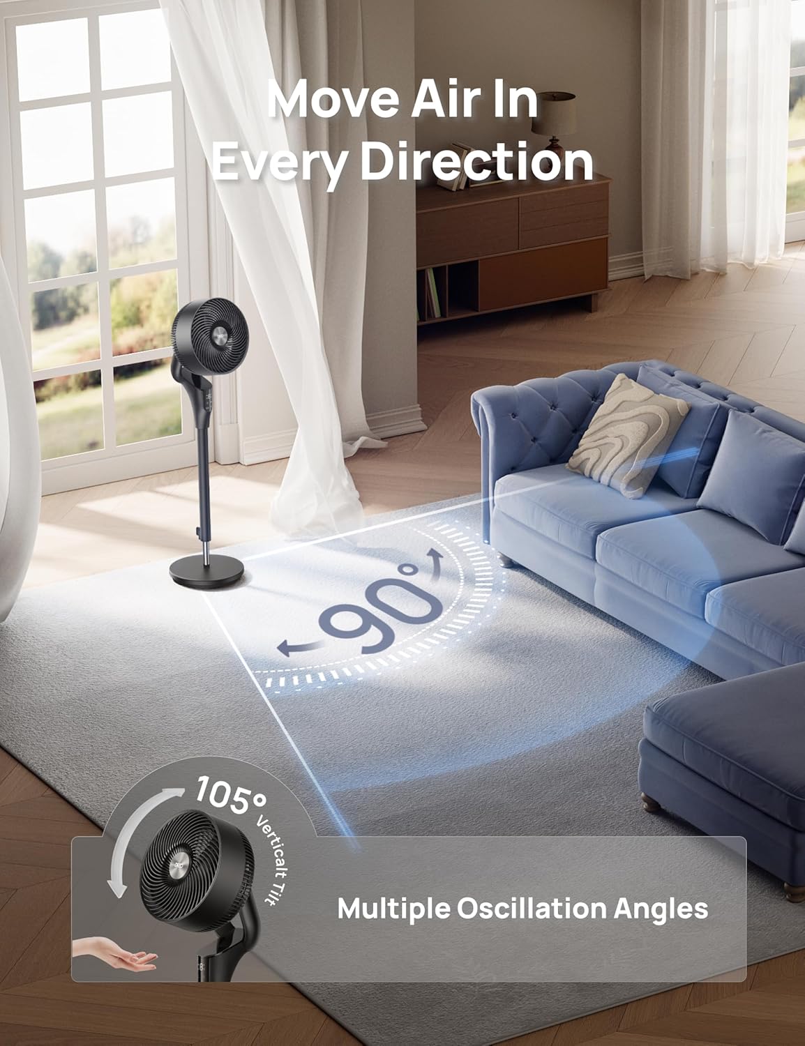DREO Fan for Bedroom, 2026 Upgraded, 90ft Airflow, Quiet Fan, 90° Oscillating Standing Fan for Whole Room, DC Motor, 8+H Speeds, 3 Modes, 38-42'' Adjustable Height, 8H Timer, 105° Manual Vertical