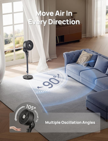 DREO Fan for Bedroom, 2026 Upgraded, 90ft Airflow, Quiet Fan, 90° Oscillating Standing Fan for Whole Room, DC Motor, 8+H Speeds, 3 Modes, 38-42'' Adjustable Height, 8H Timer, 105° Manual Vertical