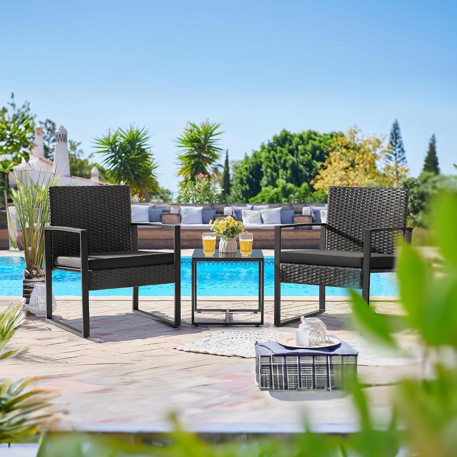 Flamaker 3 Pieces Patio Furniture Set Outdoor Wicker Bistro Chair (Black)