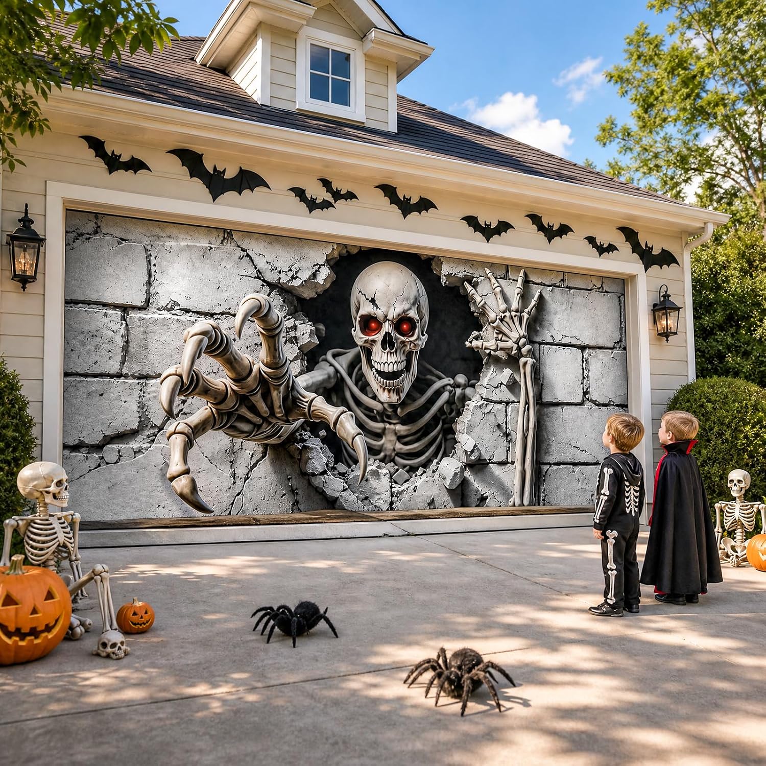16 x 7 FT Halloween Garage Door Cover,Large 3D Skeleton Halloween Backdrop