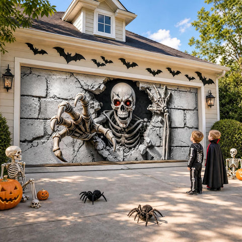 16 x 7 FT Halloween Garage Door Cover,Large 3D Skeleton Halloween Backdrop