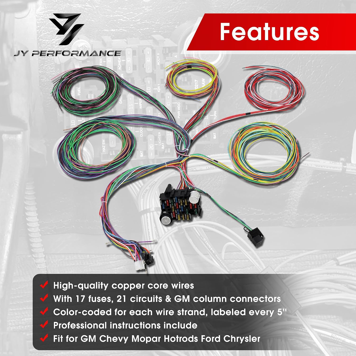 Universal 21 Circuit Wiring Harness Kit with 17 Fuses