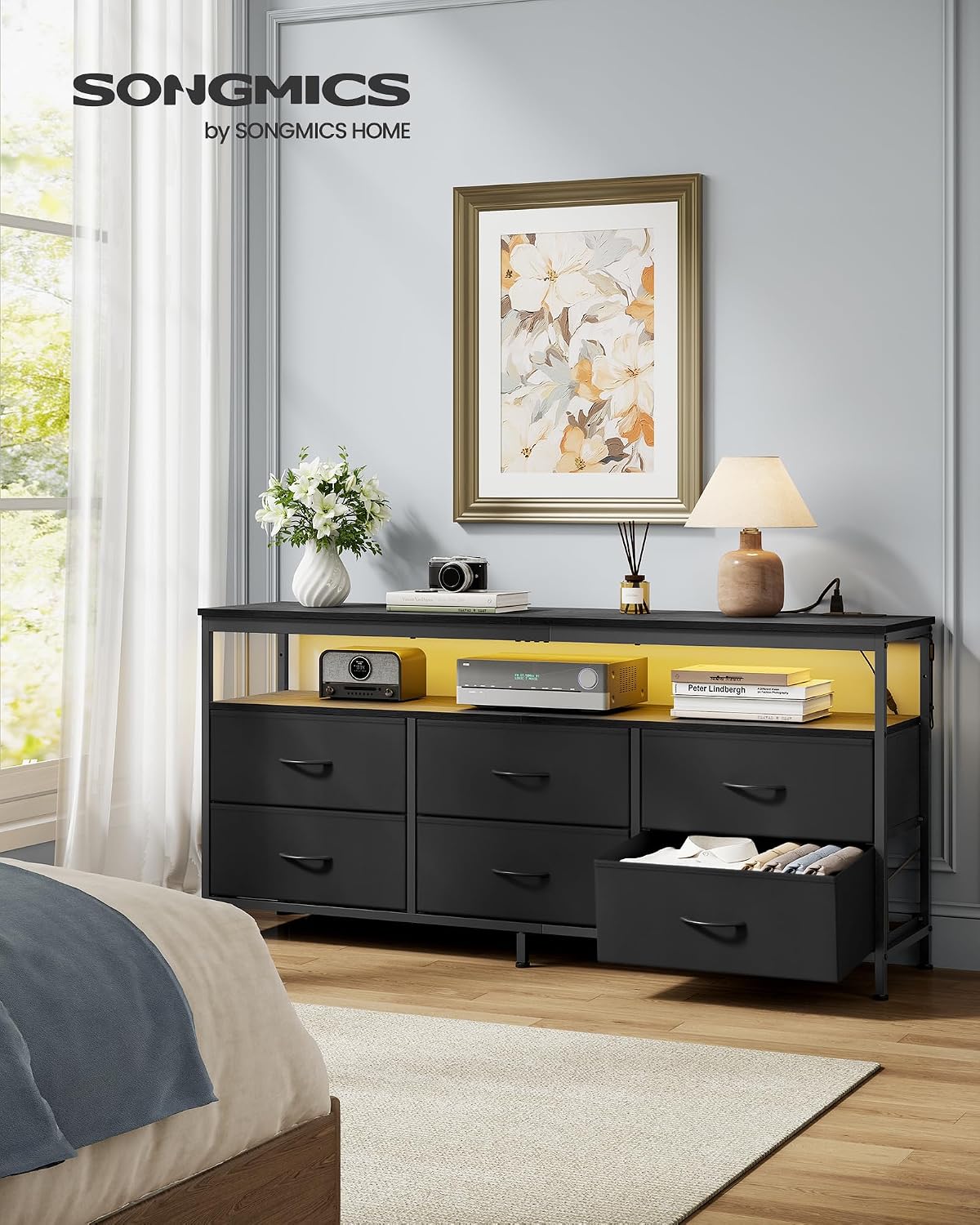 SONGMICS Dresser for Bedroom, Wide Dresser with 6 Drawers & Open Shelf