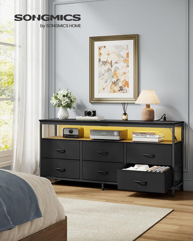 SONGMICS Dresser for Bedroom, Wide Dresser with 6 Drawers & Open Shelf