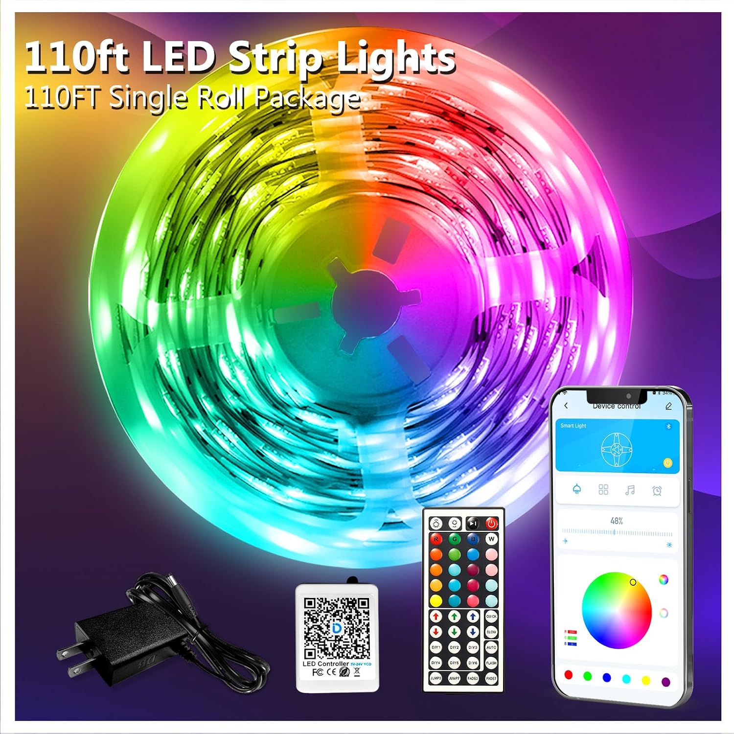 DAYBETTER LED Strip Lights 110ft, RGB Music Sync Smart App Control 1 Roll