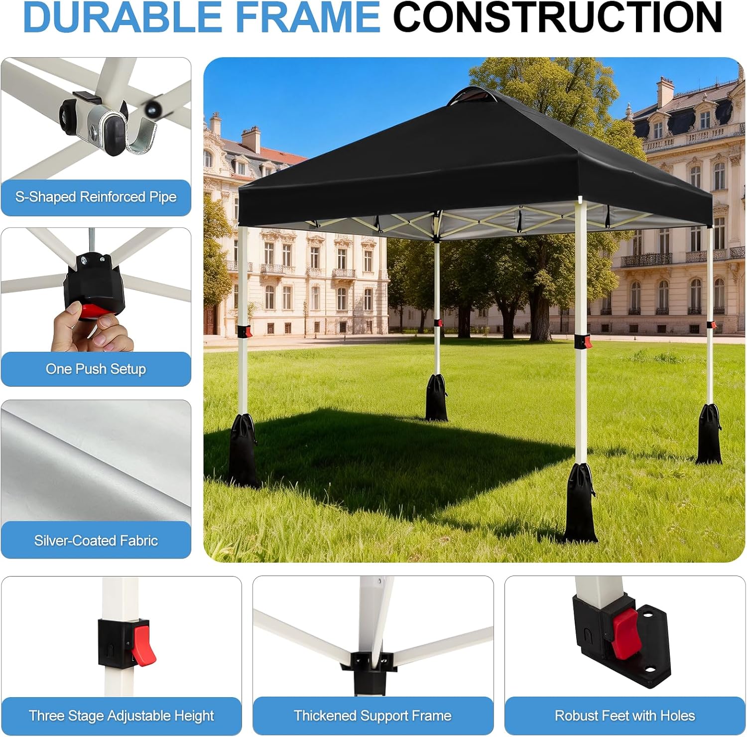 WEIZE 10x10 Pop Up Canopy Tent, 1-Button Push Setup Canopy Tent, Adjustable Height Instant Portable Shelter, Portable Roller Bag, Easy Outdoor Sun Shade for Events, 4 Weight Bags, Black