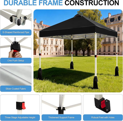 WEIZE 10x10 Pop Up Canopy Tent, 1-Button Push Setup Canopy Tent, Adjustable Height Instant Portable Shelter, Portable Roller Bag, Easy Outdoor Sun Shade for Events, 4 Weight Bags, Black
