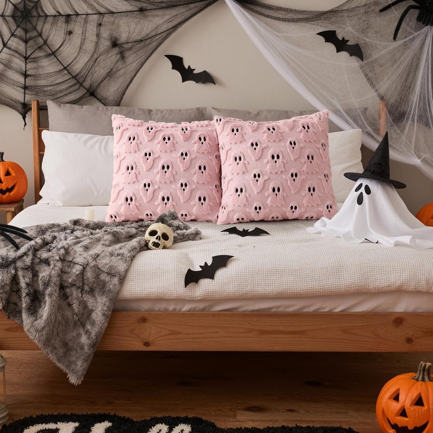 decorUhome Fall Halloween Ghost Throw Pillow Covers 12x20 Set of 2 Pink