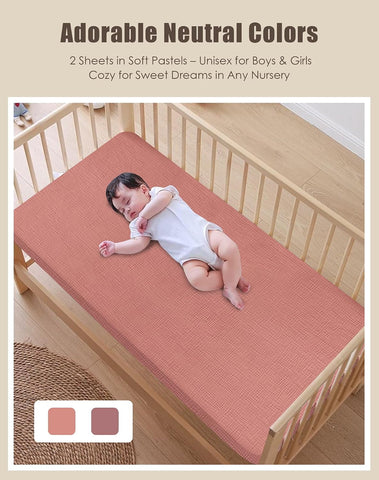SWEET DOLPHIN 2-Pack Muslin Crib Sheets for Boys & Girls, Ultra Soft Breathable 40S Long-Staple Cotton Fitted Baby Sheets for Standard Crib Mattress 52"x28", Deep Bean Paste- Nursery Essentials
