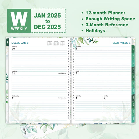 SUNEE 2025 Weekly and Monthly Planner - from January 2025 - December 2025, 8.5"x11" Daily Agenda Planner with Monthly Tab, Flexible Cover, Note Pages, Pockets, Bookmark, Spiral Binding, Eucalyptus