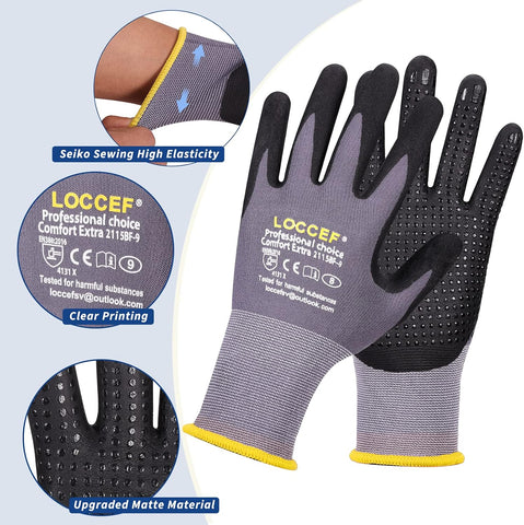 LOCCEF Work Gloves MicroFoam Nitrile Coated-6 Pairs,Endurance Seamless Knit Nylon,Dots on palm,Tacky Dot Grip Gloves