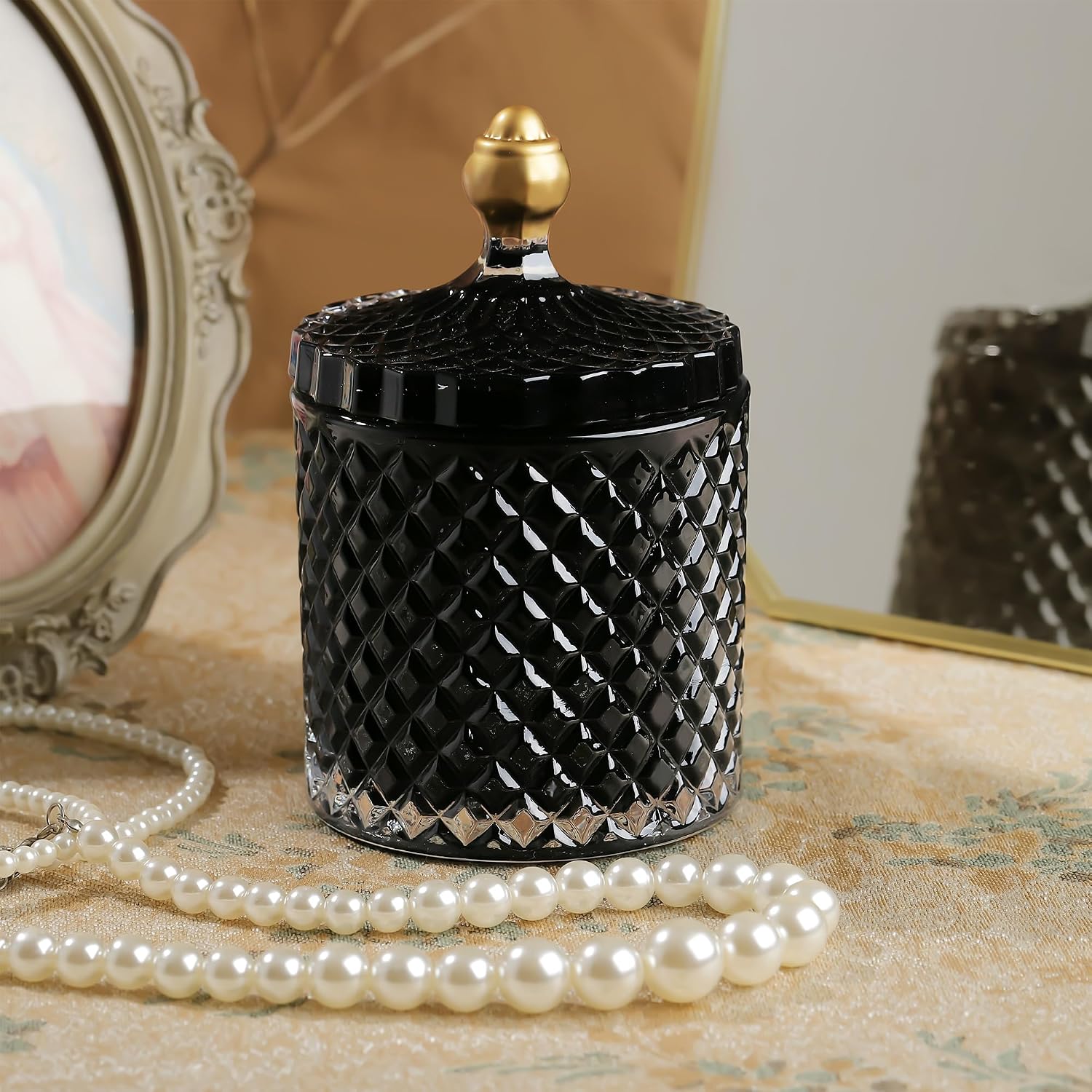 Joeyan 18oz Black Glass Jars with Lid,Embossed Candy Dishes,Diamond Faceted
