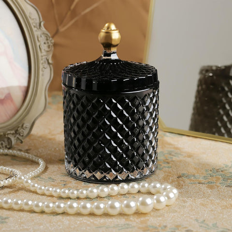 Joeyan 18oz Black Glass Jars with Lid,Embossed Candy Dishes,Diamond Faceted
