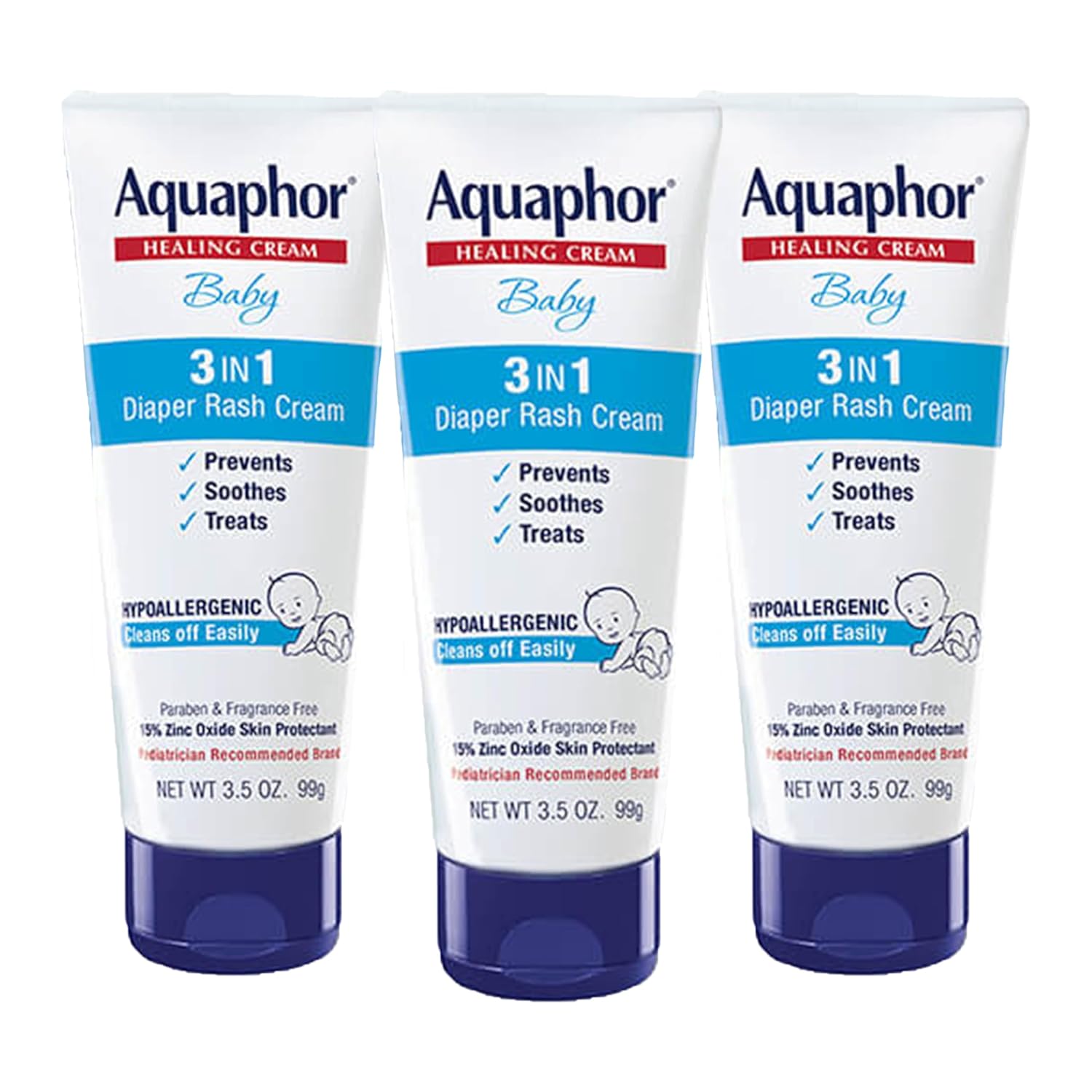 Aquaphor Baby Diaper Rash Cream with Zinc Oxide, Multipack, 3 x 3.5 OZ