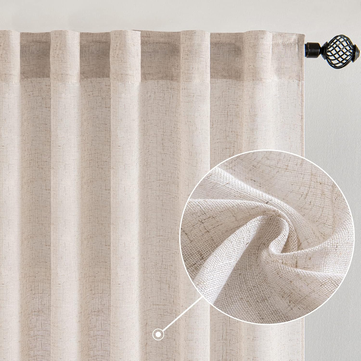 MIULEE Natural White Linen Curtains 52x63 Inch Length 2 Panels for Bedroom