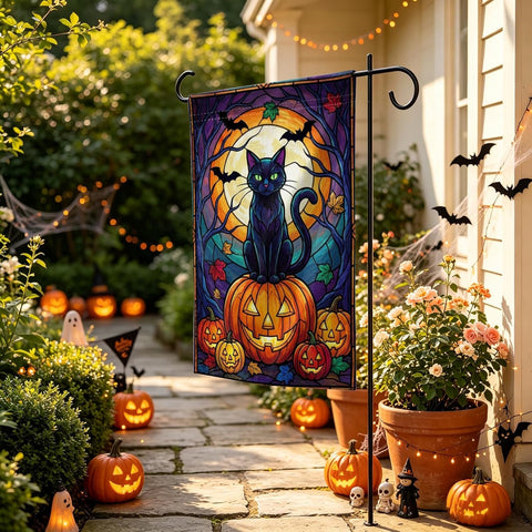 Halloween Black Cat Garden Flag 12x18 Inch Spooky Pumpkin Outdoor Yard Flag