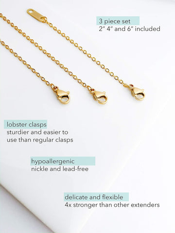 Altitude Boutique 18k Gold Plated Necklace Extenders Delicate Necklace Extender Chain Set for Women 3 Piece Set, Extensions 2", 4", 6" Inches Hypoallergenic in Gold, Rose Gold, or Silver
