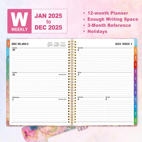 SUNEE 2025 Weekly and Monthly Planner - from January 2025 - December 2025, 8.5"x11" Daily Agenda Planner with Monthly Tab, Flexible Cover, Note Pages, Pockets, Bookmark, Spiral Binding, Marble