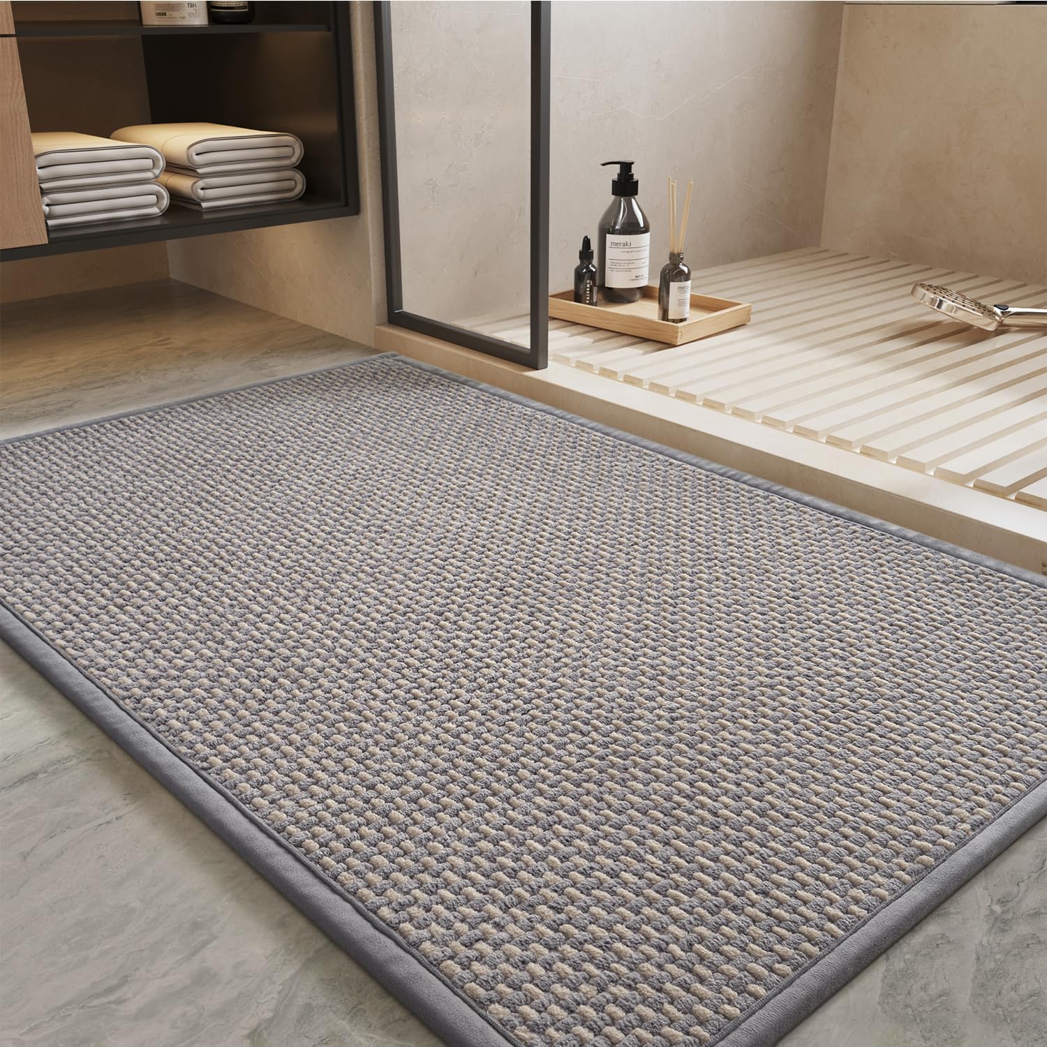 PADOOR-Bath Mat-Super Absorbent Chenille Bathroom Mats-Rubber Backed Bath Mats for Bathroom Non Slip, Easy Clean Bathroom Rugs Front of Bathtub,Shower Room,Sink-17×28, Grey&Beige