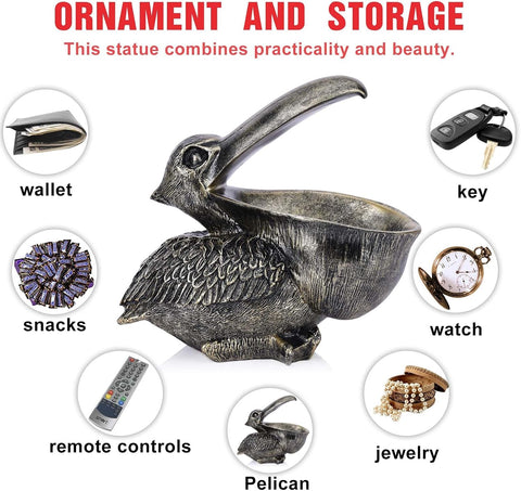 Pelican Key Holder Statues,Fun Animal Hippo Candy Dish,Candy Dish for Office Desk Unique,Modern Key Holder for Pelican Figurine,Suitability Desk bowl and Entry Table Decor Items (Bronze)