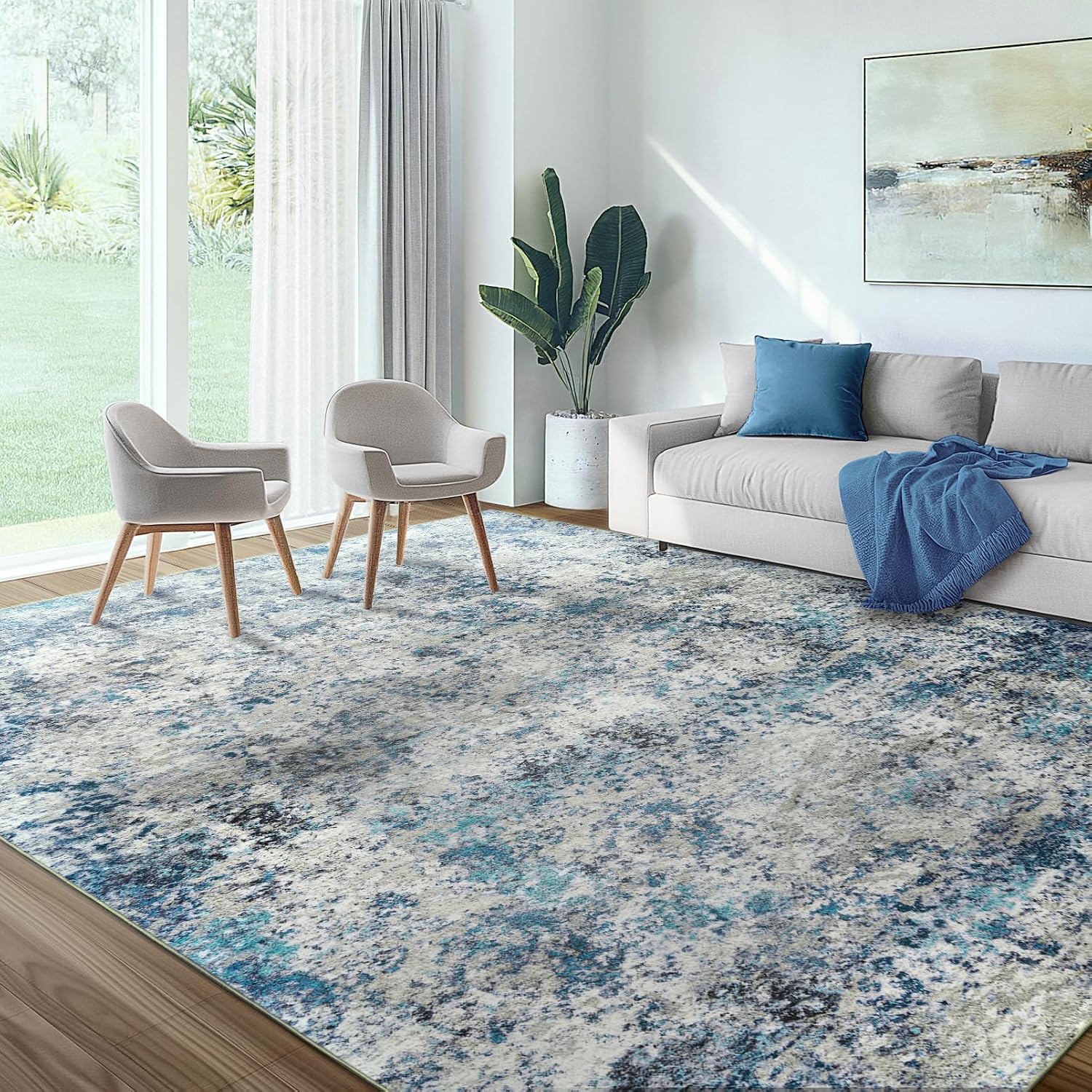 Washable Area Rug for Living Room: 9x12 Modern Abstract Neutral Soft Rug for Bedroom Dining Room No Slip Low Pile Carpet for Nursery Home Office - Grey/Blue