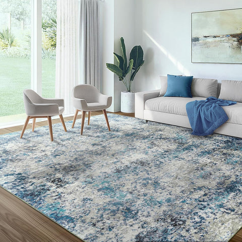 Washable Area Rug for Living Room: 9x12 Modern Abstract Neutral Soft Rug for Bedroom Dining Room No Slip Low Pile Carpet for Nursery Home Office - Grey/Blue