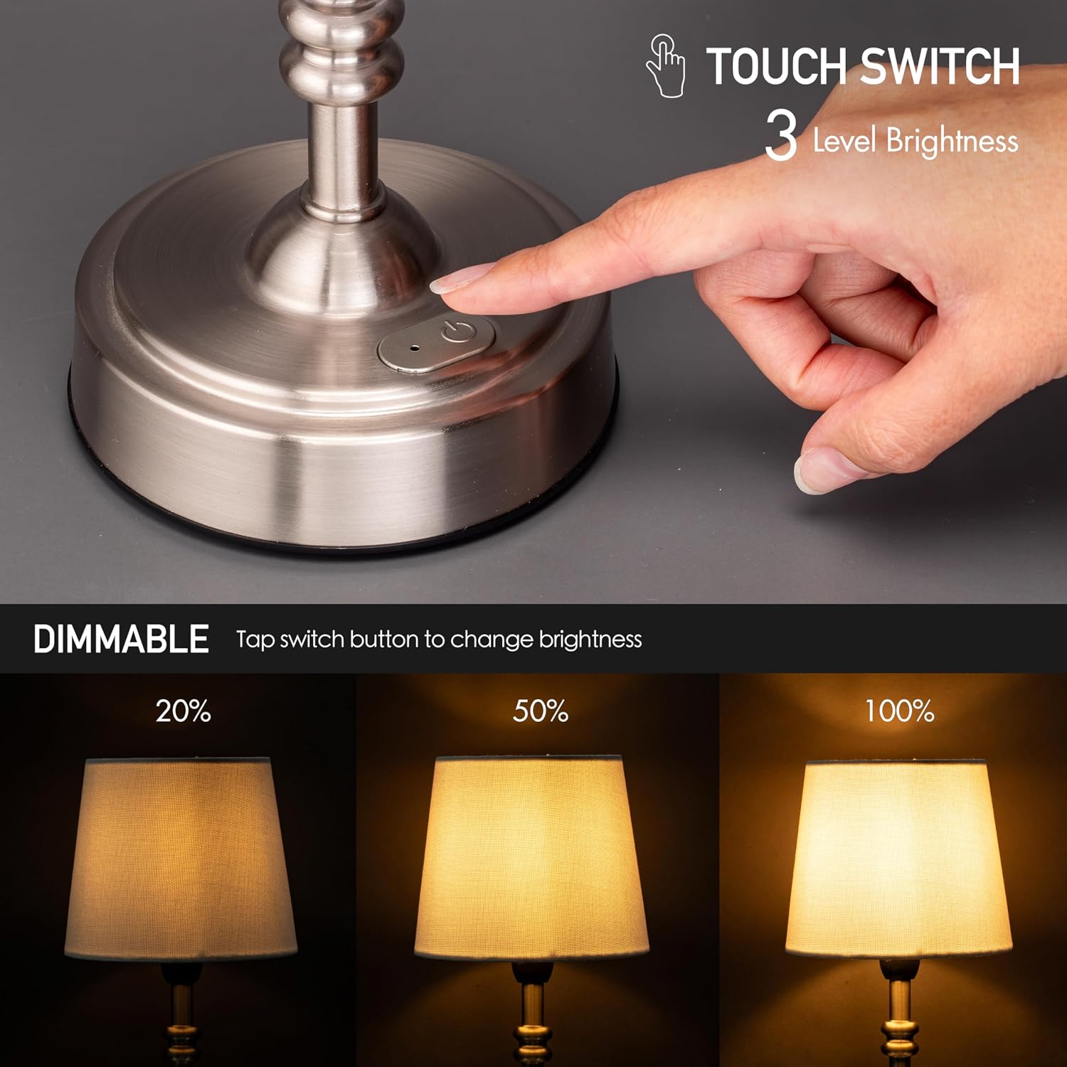 O’Bright Seraph mini – Cordless LED Table Lamp with Dimmer, Built-in Rechargeable Battery, 3-Level Brightness, Patio Table Lamp, Bedside Night Lamp, Ambient Light for Restaurant, Brushed Nickel