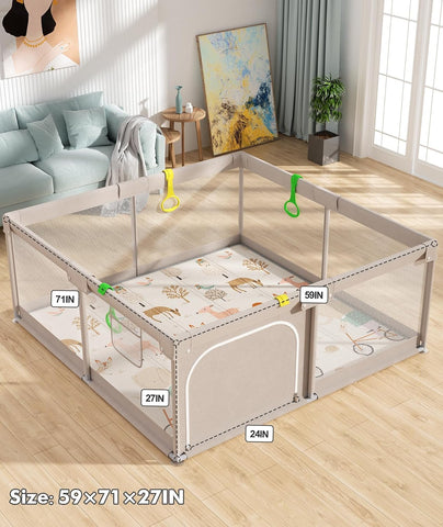 Mloong Baby Playpen with Mat, 71x59in Playpen for Babies and Toddlers, Grey