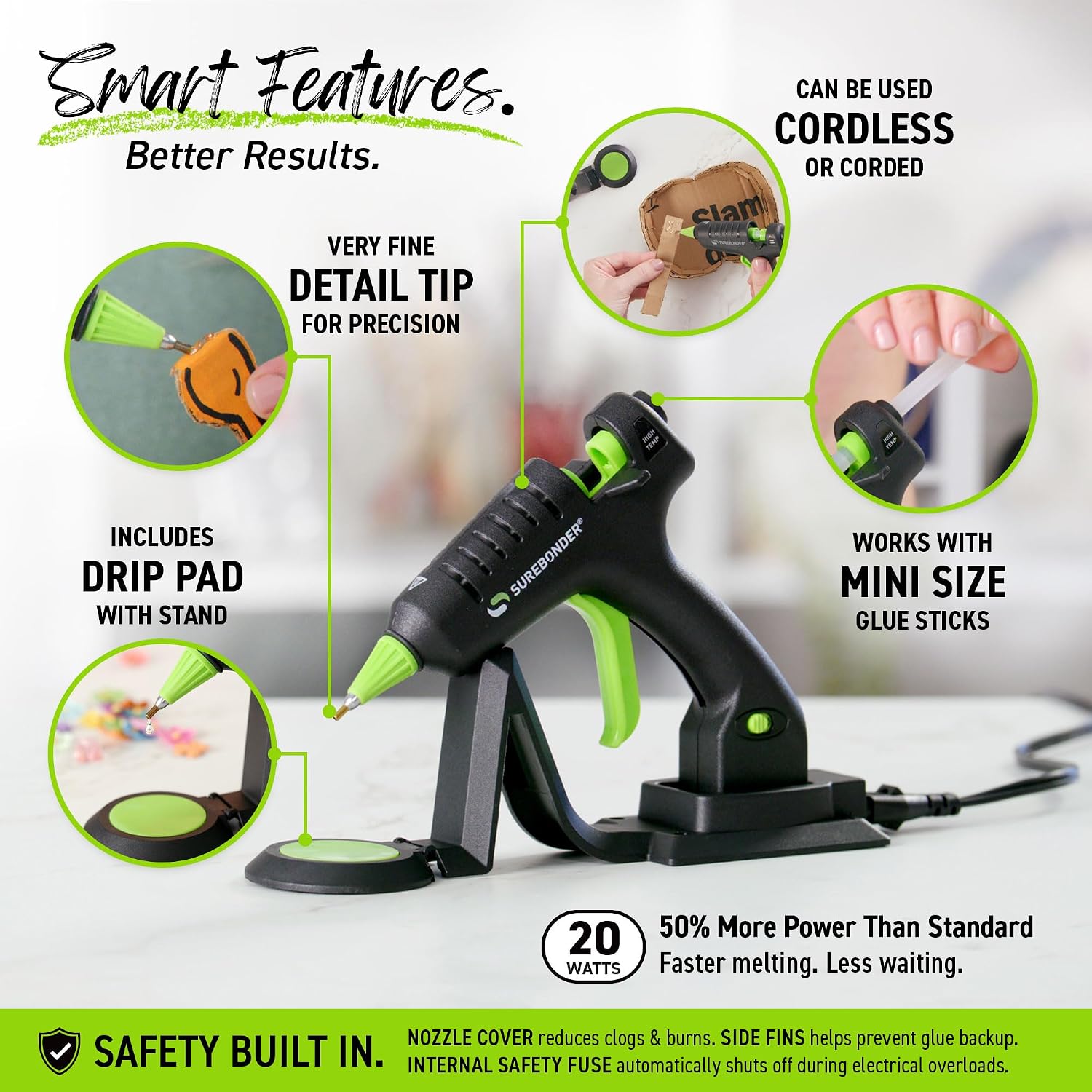 Surebonder Cordless/Corded High-Temperature Mini Hot Glue Gun with Fine Tip for Detailed Crafting and DIY Projects, 20 Watts (CL-195F)