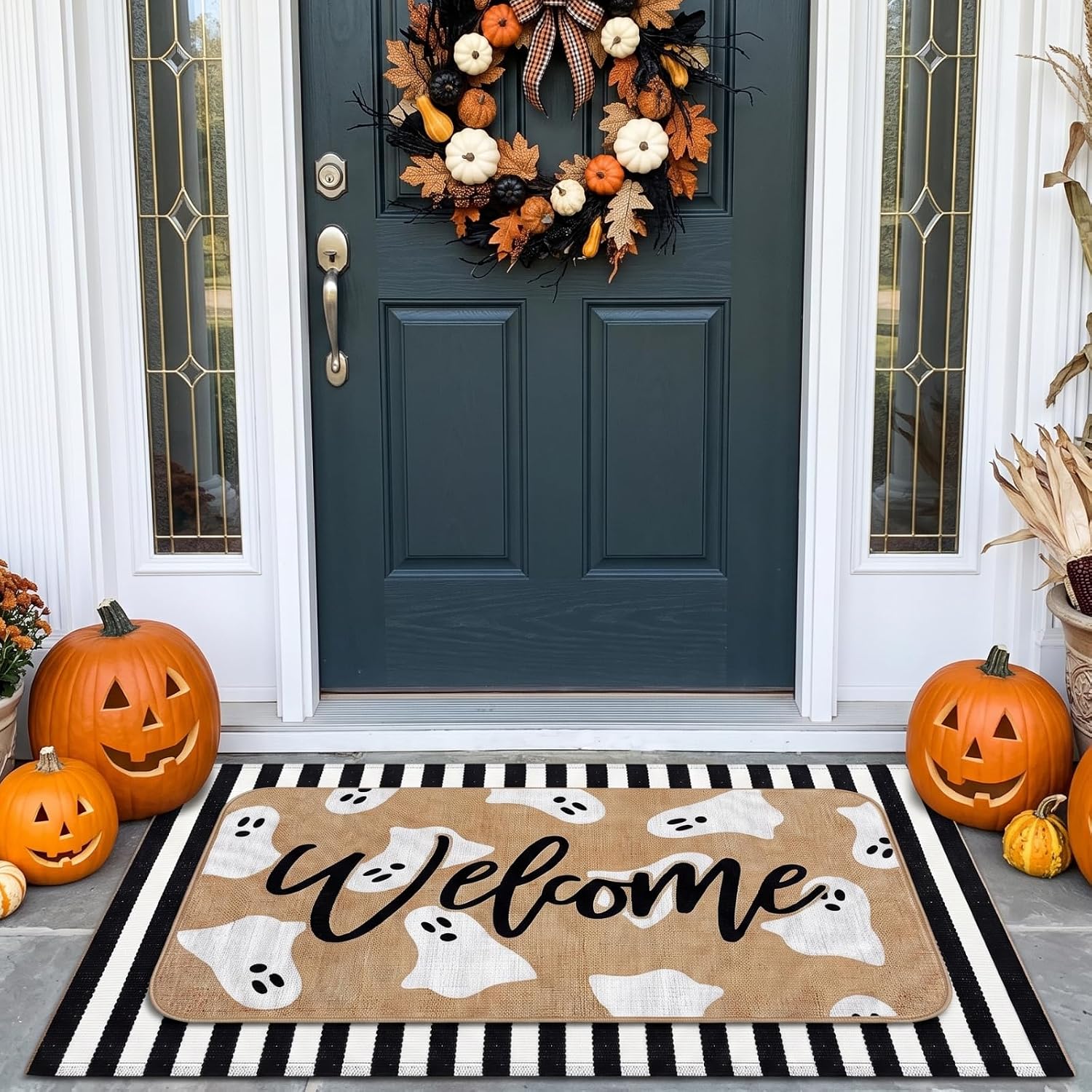 Tinideya 2 Pcs Halloween Door Mat Set, Outdoor Ghost Welcome Front Rug