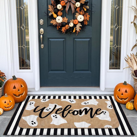 Tinideya 2 Pcs Halloween Door Mat Set, Outdoor Ghost Welcome Front Rug
