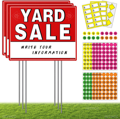 Yard Sale Signs Kit with Price Stickers (8 Pack), 3 Pcs Yard Sale Signs with Stakes, 5 Pcs Garage Sales Price Stickers, Directional Arrows Sign, Garage Sales Supplies, Large Prices Tags, Double Sided