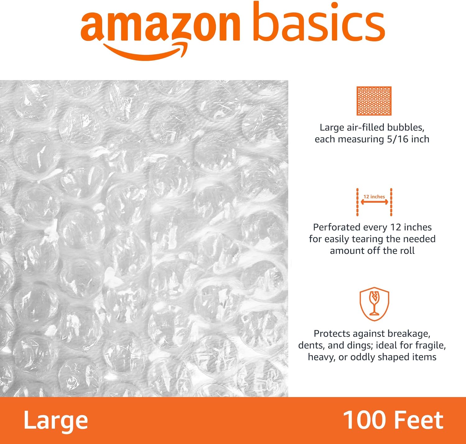 Amazon Basics Bubble Cushioning Wrap for Moving, Packing, Shipping and Storage, Heavy Duty Protection for Fragile Items, 12-inch x 100-foot Long Roll, Large 5/16", Clear