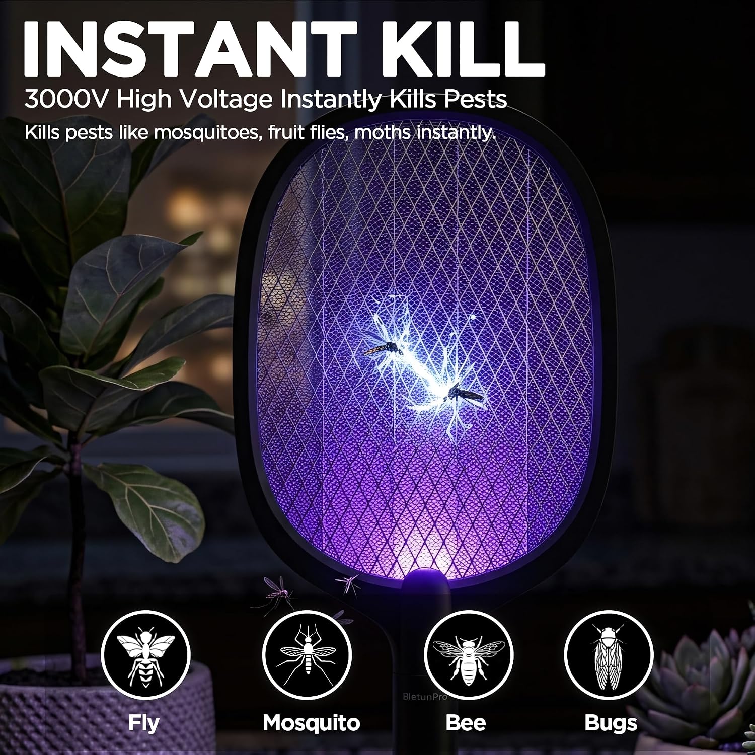2 Pack Electric Fly Swatter Rechargeable Bug Zapper Racket, Max 4500V-Black