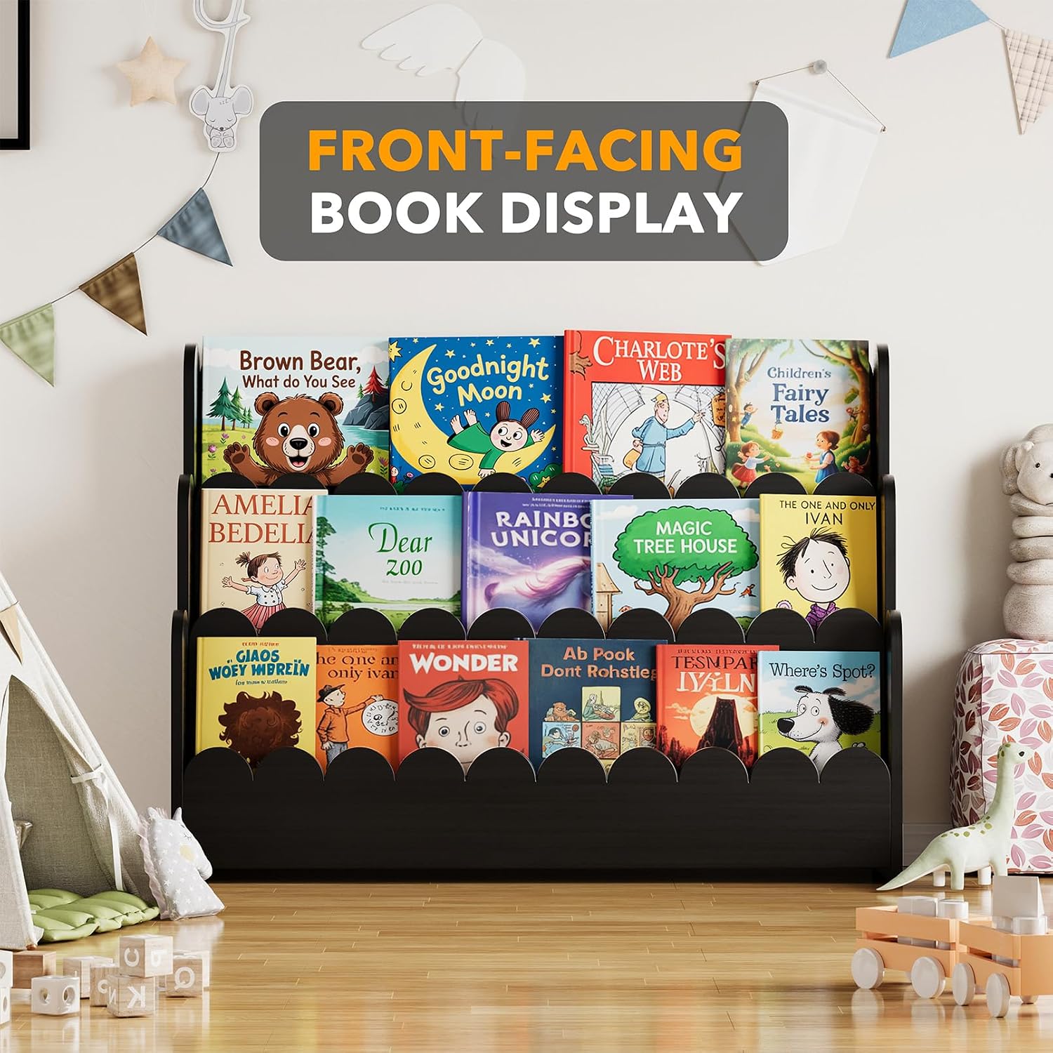 SpaceAid 3-Tier Scalloped Bookshelf, Montessori Bookcase for Toddlers, Wooden Book Shelf Organizer Display Furniture for Kids Rooms, Playroom, Nursery and Classroom, 36.7“ Wide, Black