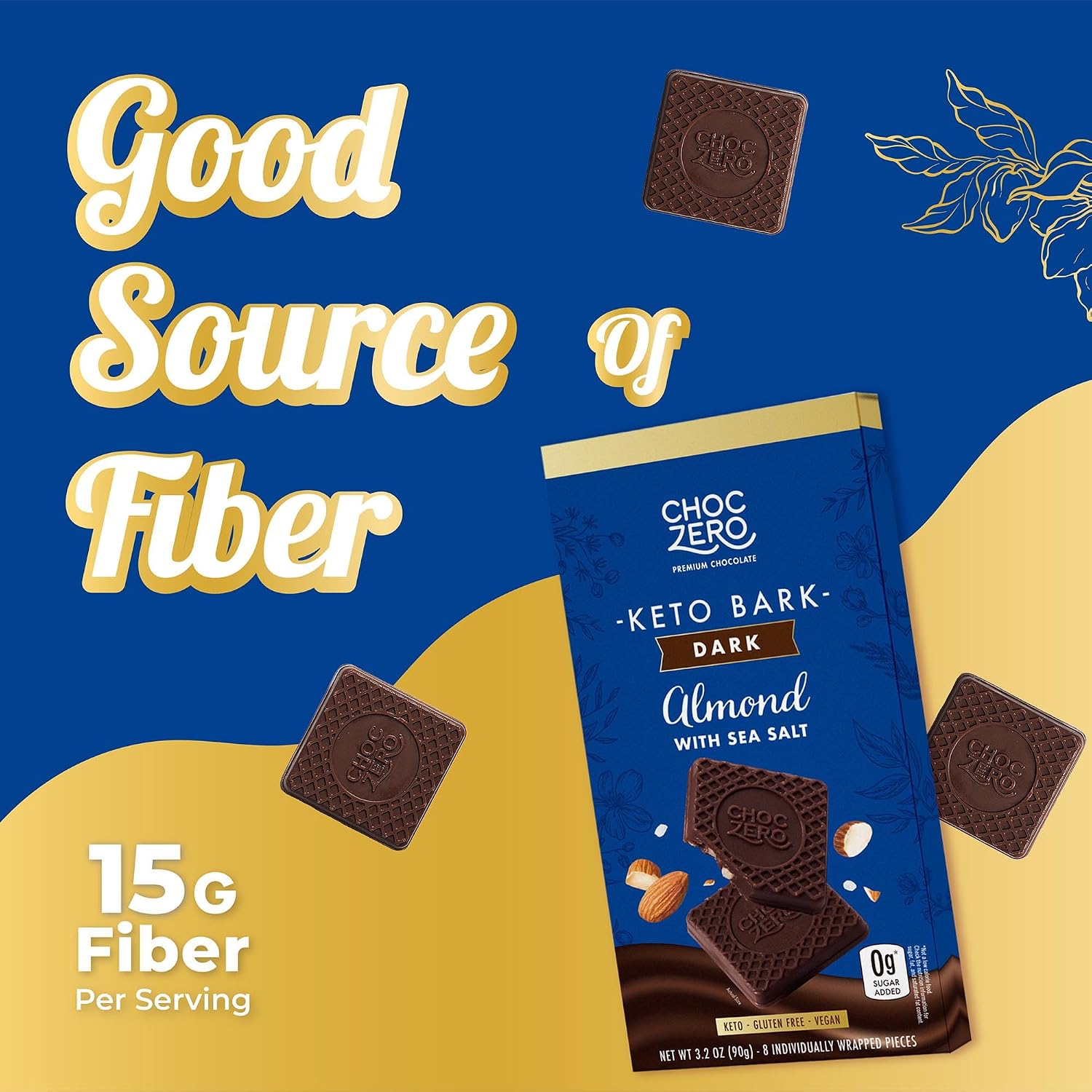 ChocZero Sugar Free Dark Chocolate Almond Bark with Sea Salt, Vegan, 4 Pack