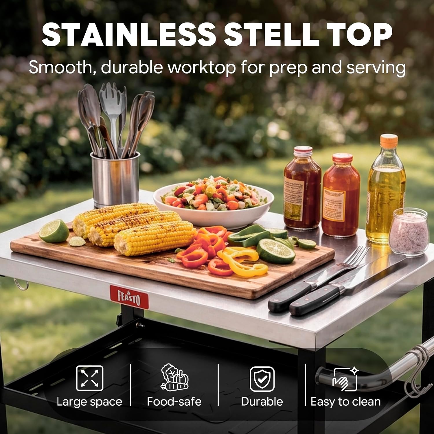 Feasto 3-Tier Outdoor Grill Cart, 26.6" x 16.1" Rolling Pizza Oven Table