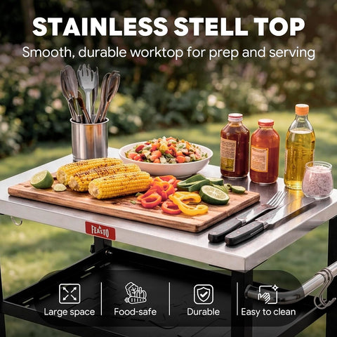 Feasto 3-Tier Outdoor Grill Cart, 26.6" x 16.1" Rolling Pizza Oven Table
