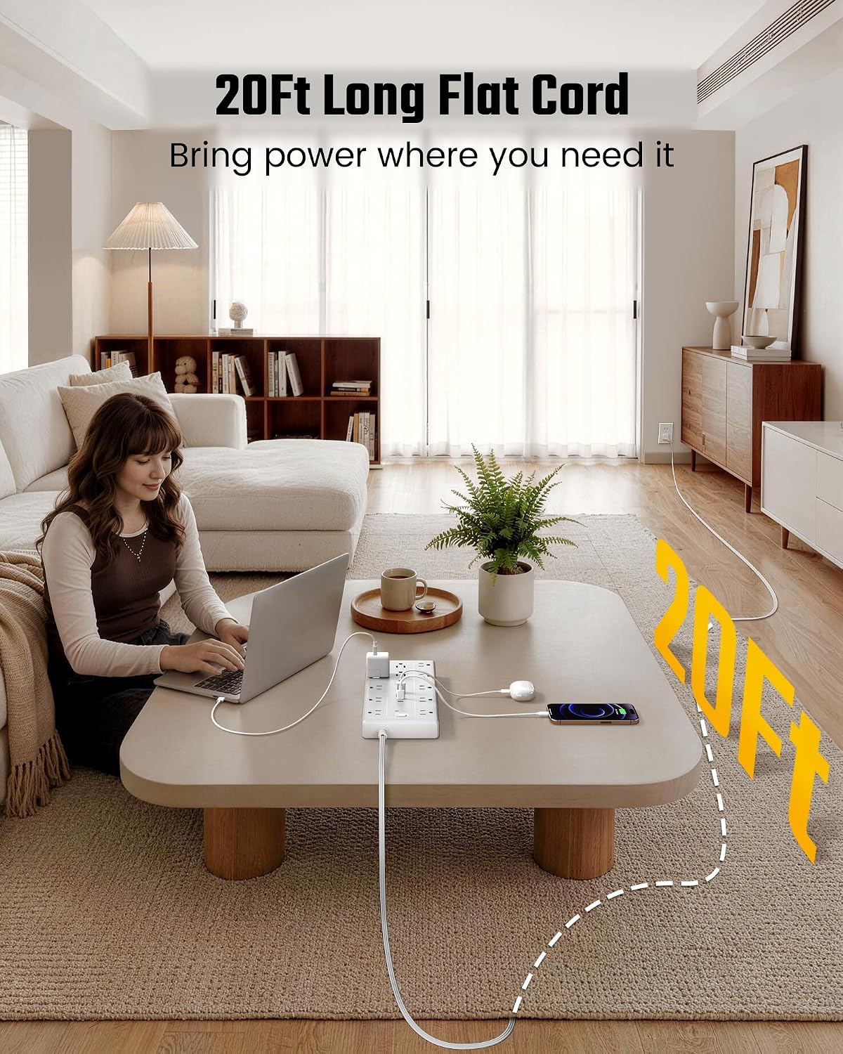 SUPERDANNY 20Ft Extension Cord with Multiple Outlets, Flat Plug Power Strip