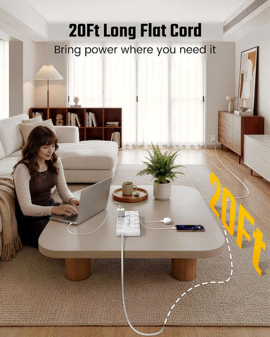 SUPERDANNY 20Ft Extension Cord with Multiple Outlets, Flat Plug Power Strip