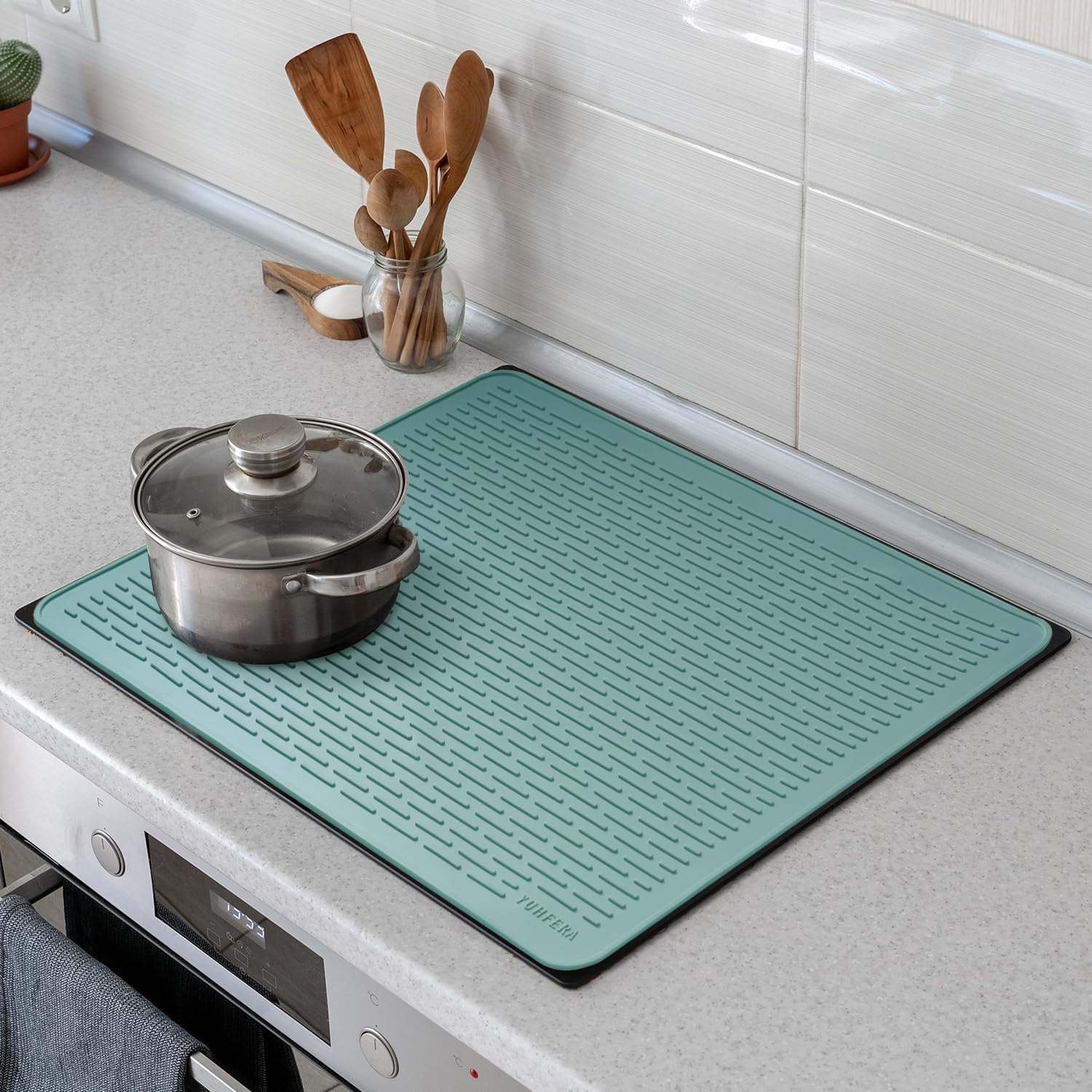 YUHFERA Stove Top Cover for Electric Stove - Silicone Stove Mat for Glass Top, Glass Cooktop Protector, XL Dish Drying Mats for Kitchen,Oven Covers for Electric Stove (Aqua,28 x 20)
