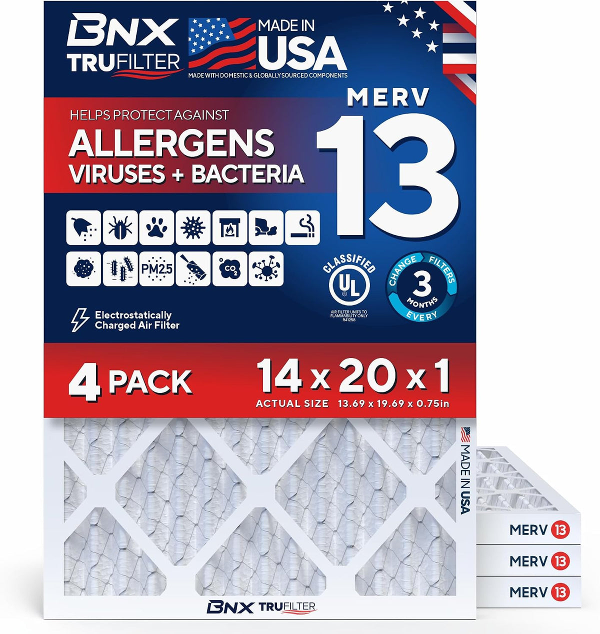 BNX TruFilter 14x20x1 Air Filter MERV 13 AC Filter, HVAC Furnace Filter, 6 Pack (ACTUAL SIZE 13.68"x19.68"x0.75") Allergies, Dust, Pet Dander & Smoke - MADE IN USA - MPR1500 / FPR 10