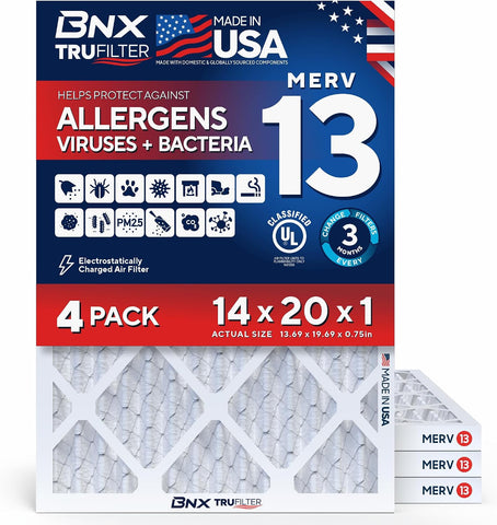 BNX TruFilter 14x20x1 Air Filter MERV 13 AC Filter, HVAC Furnace Filter, 6 Pack (ACTUAL SIZE 13.68"x19.68"x0.75") Allergies, Dust, Pet Dander & Smoke - MADE IN USA - MPR1500 / FPR 10