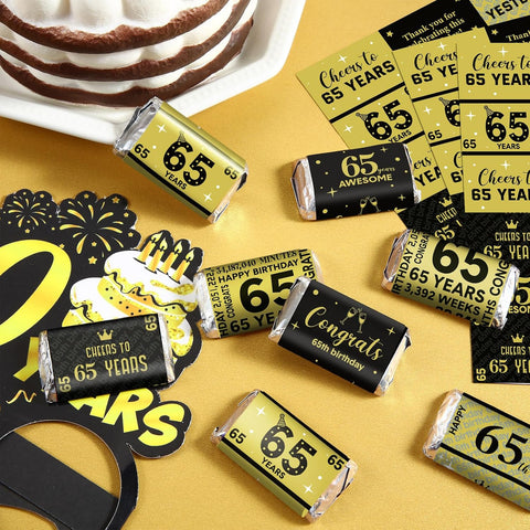 Tenare 90 Pcs 65th Birthday Candy Wrappers, Black and Gold Stickers