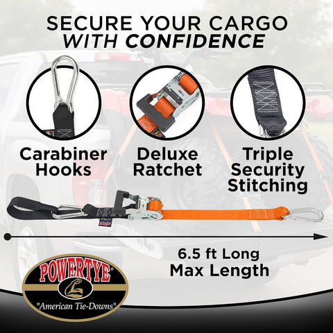 PowerTye 1.5in x 6.5ft Heavy Duty Ratchet Tie-Down Straps with Soft-Tye, Carabiner Hooks - 1,000 lb Working Load Limit / 3,000 lb Breaking Strength - Made in USA - Orange/Black Pair + Storage Bag